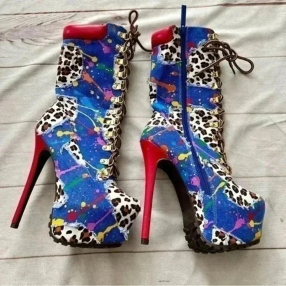 Alba Women LaceUp Lug Stiletto Zip Up Closure Platform Bootie Streetwear Exotic